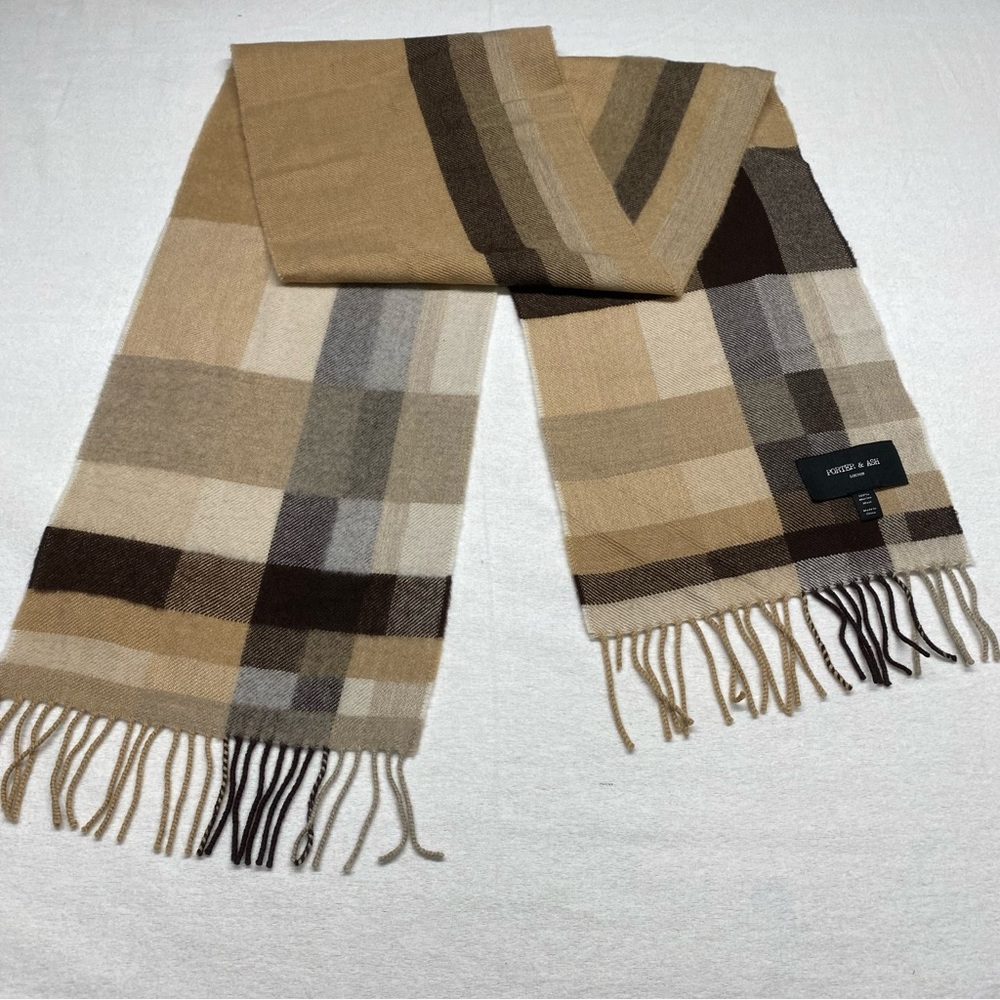Porter & Ash London Brown Plaid Scarf 100% Merino Wool W/Fringe Preppy Boho READ
